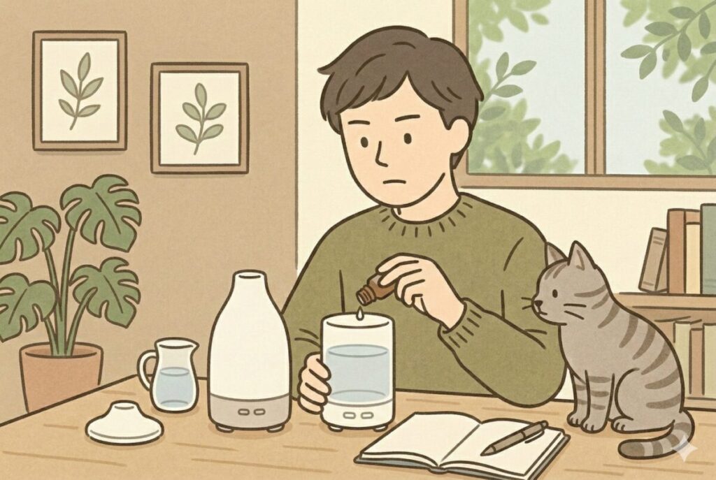 無印良品のアロマディフューザーを使ってお部屋でリラックスする女性と猫のイラスト