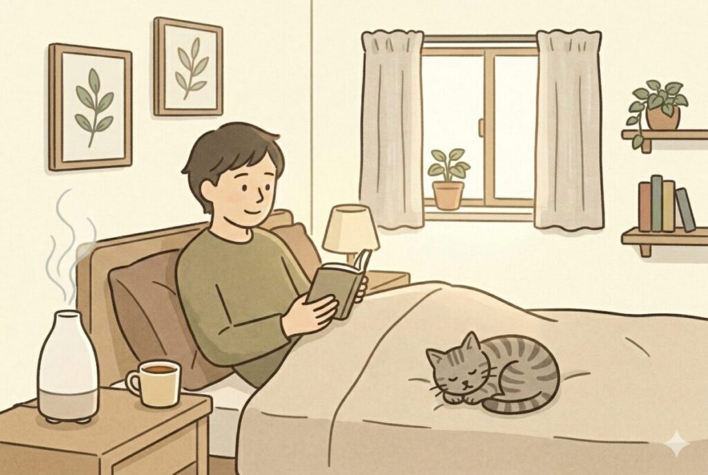 寝室のベッドサイドやリビングのテレビ横など、アロマディフューザーのおすすめの置き場所を示したイラスト