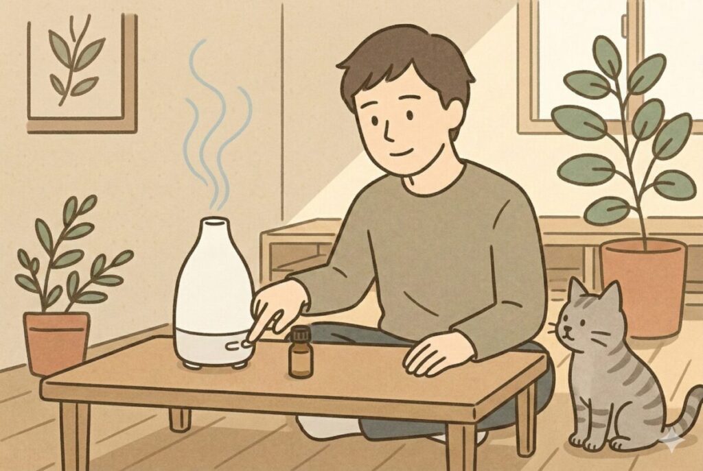 無印アロマディフューザーの香りを楽しみながら、ソファで子どもに絵本を読み聞かせる女性のイラスト