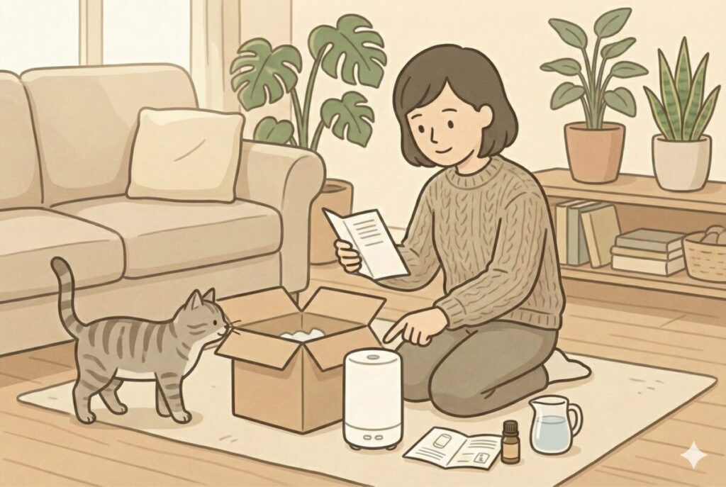 無印アロマディフューザーを開封し、説明書を見ながら初回セットアップの準備をする女性のイラスト