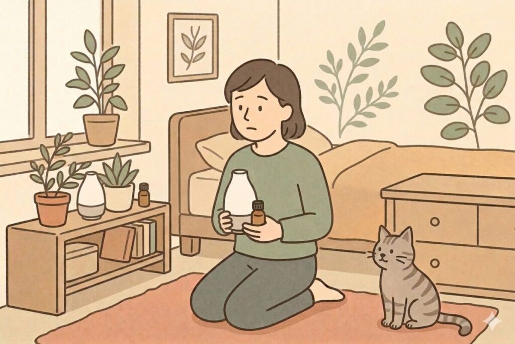 寝室でアロマディフューザーの置き場所に悩む女性と猫のイラスト