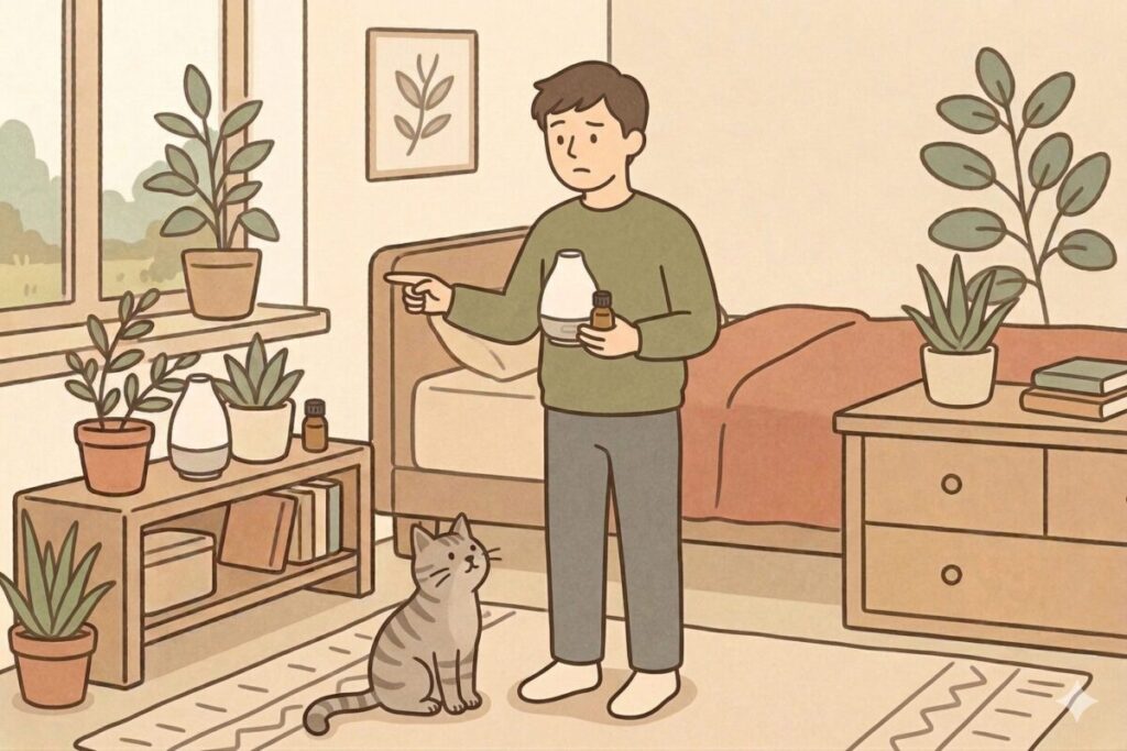 寝室の広さに合わせたアロマディフューザーの基本の置き場所を考える男性のイラスト