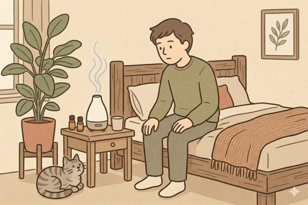 寝室に香りが広がるアロマディフューザーのおすすめの置き場所を描いたイラスト