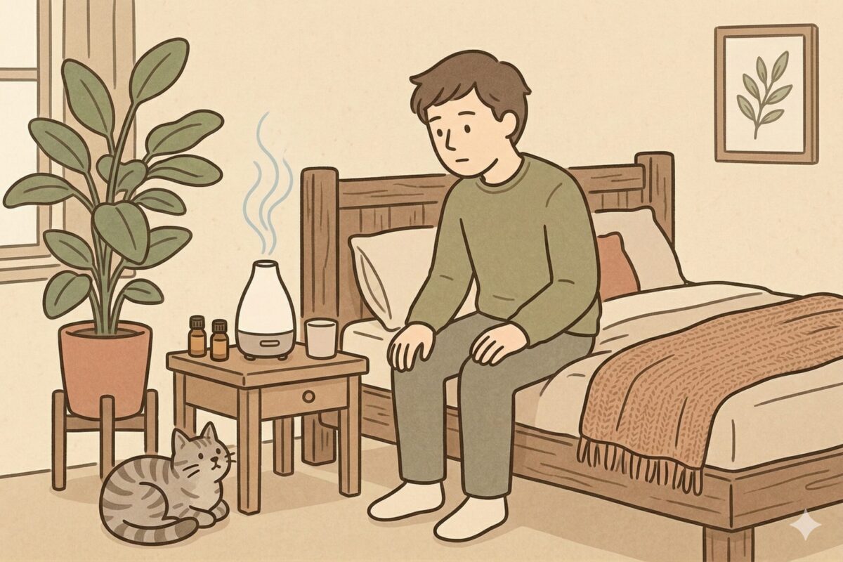 寝室に香りが広がるアロマディフューザーのおすすめの置き場所を描いたイラスト