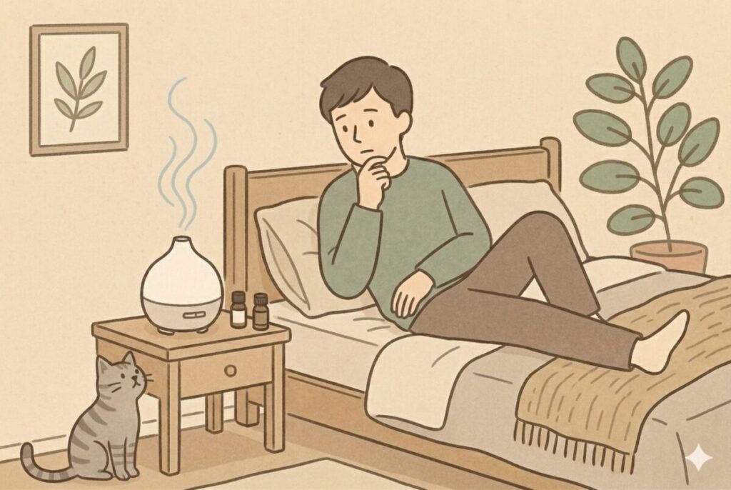 寝室のベッドのそばで最適なアロマディフューザーの置き場所を見つけた男性と猫のイラスト
