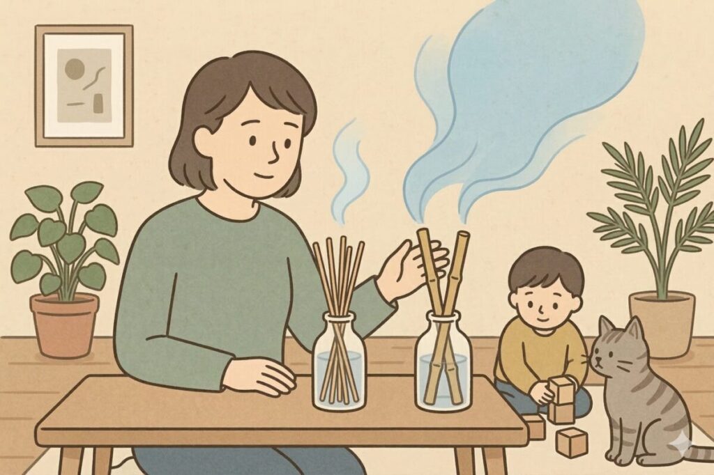 リードディフューザースティックの素材（ラタンやファイバーなど）による香りの広がり方の違い