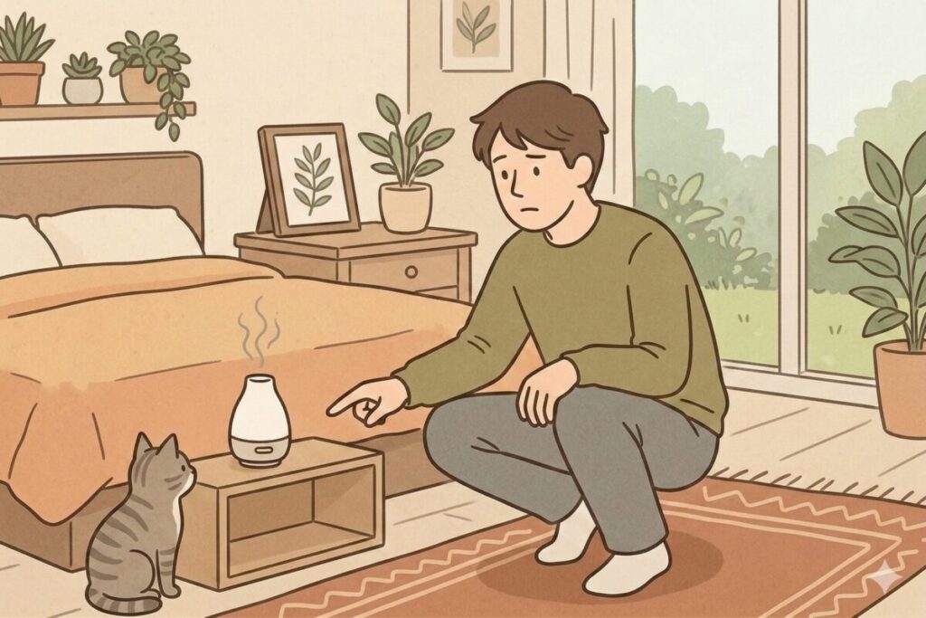 アロマディフューザーの香りが部屋に広がらない原因と置き場所を考える男性のイラスト