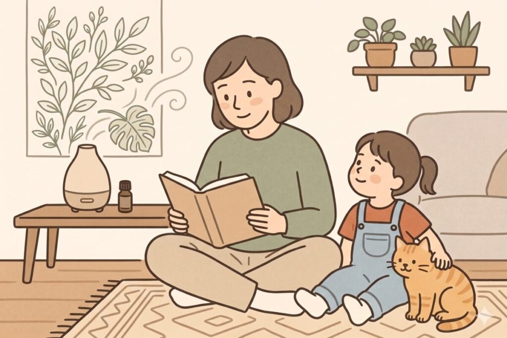 アロマの香りが集中力を助ける理由。リビングで子どもや猫と一緒に、アロマディフューザーを使いながら読書する女性のイラスト
