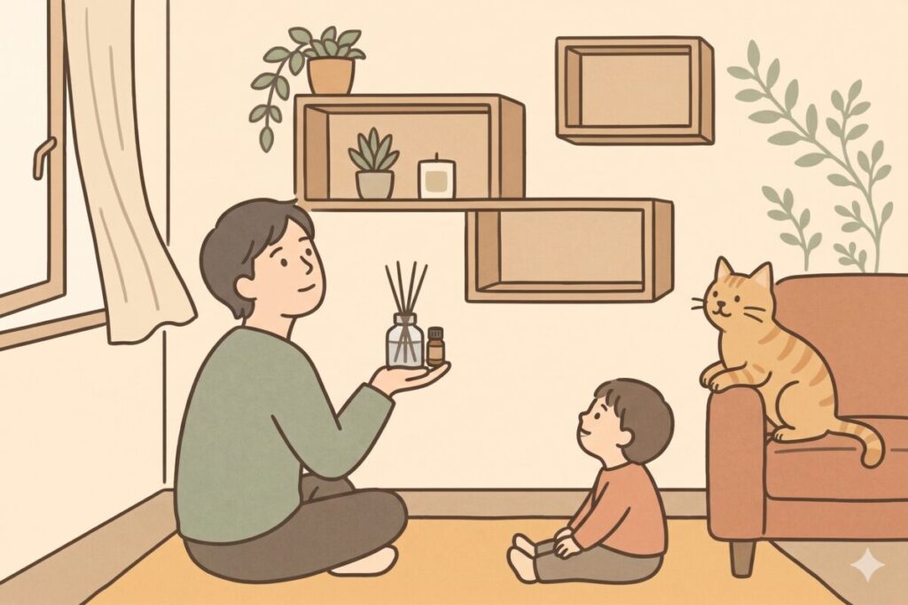 アロマディフューザーを置く最適な場所を検討し、毎日の習慣として香りを楽しむ大人の男性と子供、猫のイラスト。棚の高さや空気の流れを意識した配置のイメージ。