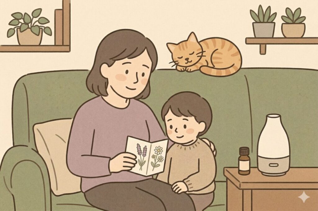 小さな子供やペットの猫がいるリビングで、アロマディフューザーの安全な使い方を確認しながらくつろぐ母親のイラスト