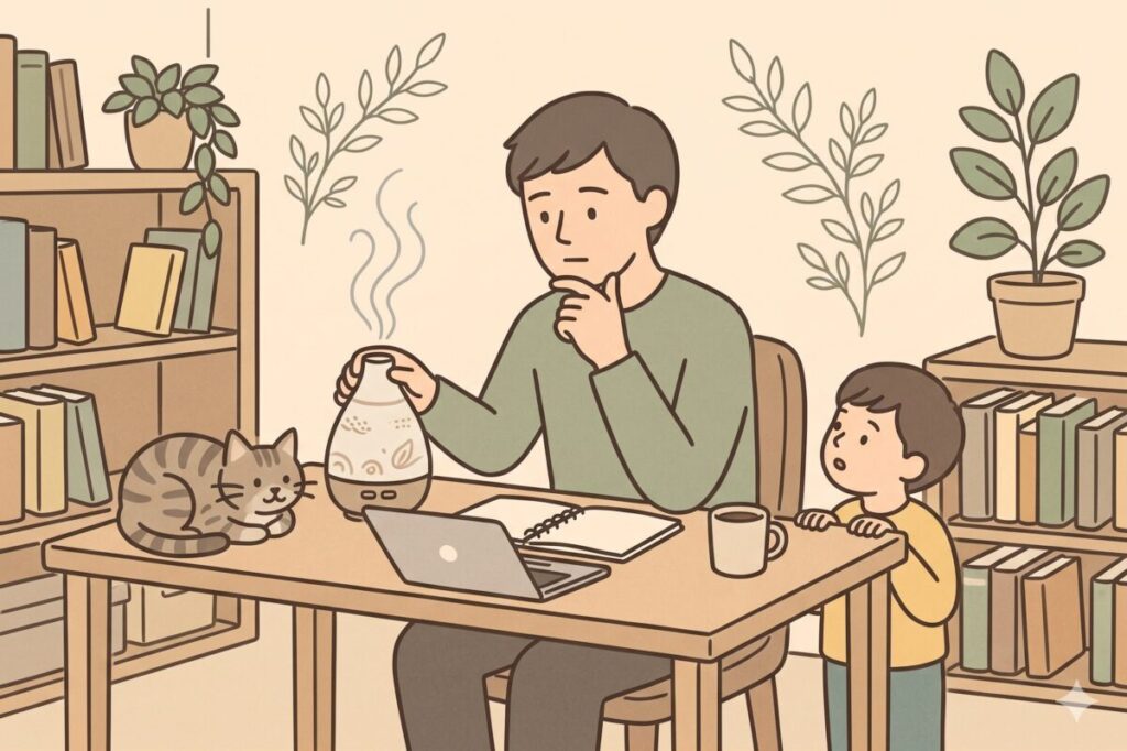 パソコン作業中のデスクにアロマディフューザーを置き、使い方を考える男性と、そばで見守る猫と子どものイラスト