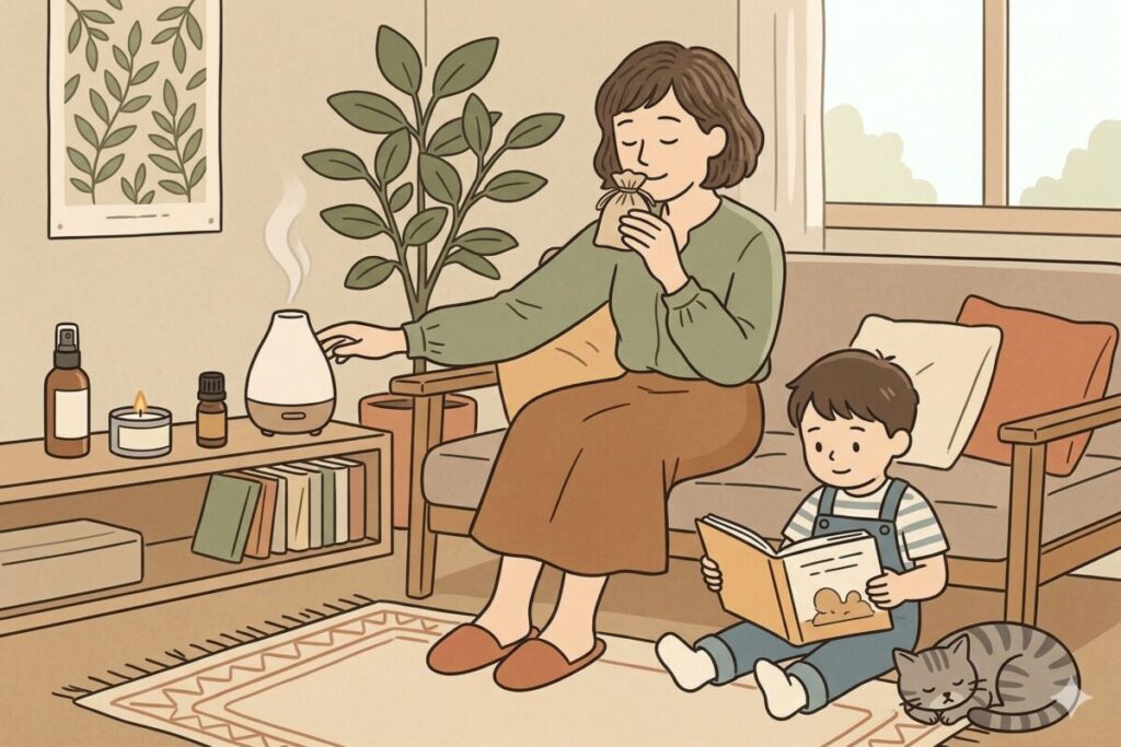 リビングのソファでアロマディフューザーや香り袋を使い、日常のシーンに合わせて香りを楽しむ女性と、本を読む子ども、眠る猫のイラスト