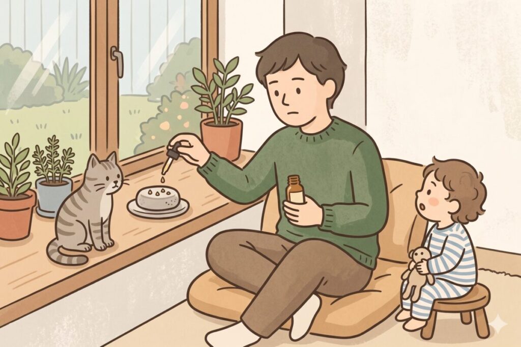 アロマストーンに初めてアロマオイルを5滴垂らす男性と、窓辺で見守る子どもと猫のイラスト