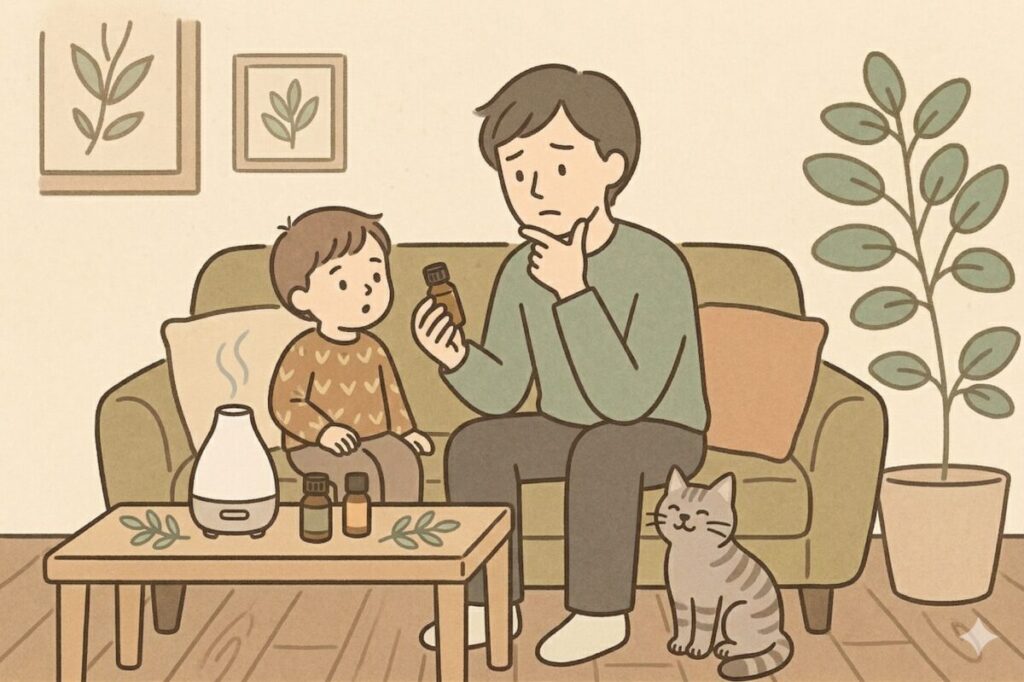 寝室のベッドでアロマディフューザーに精油を何滴垂らすか悩む男性と子ども、猫のイラスト。玄関やトイレなど場所別の目安を考えている様子。