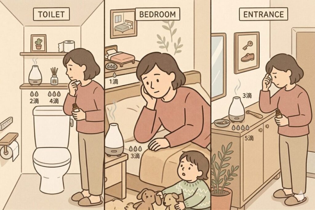 トイレ、寝室、玄関の3つの場所で、アロマディフューザーに入れるアロマオイルの適切な滴数に悩む女性の分割イラスト。