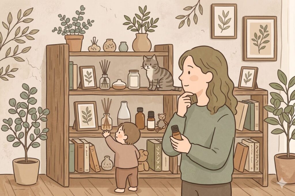 アロマの置き場所に迷い、家の中の棚や台を眺めて安全な高さを検討する女性のイラスト