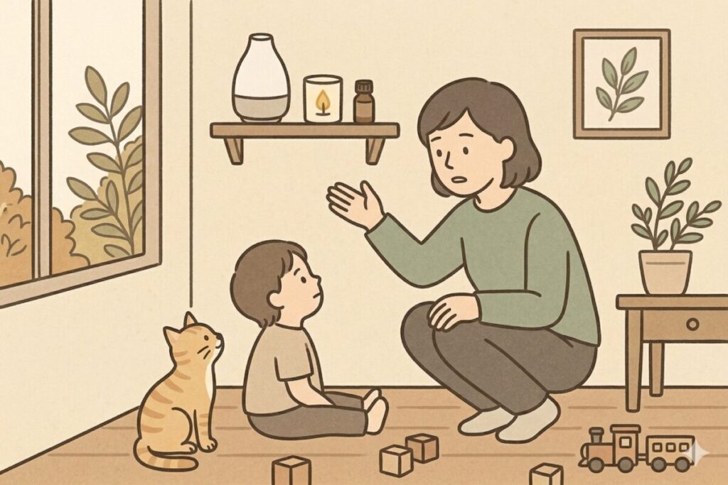 猫と子どもがいる部屋でアロマを安全に使うためのルール。手の届かない高い棚にディフューザーを置き、子どもと話す女性と猫のイラスト