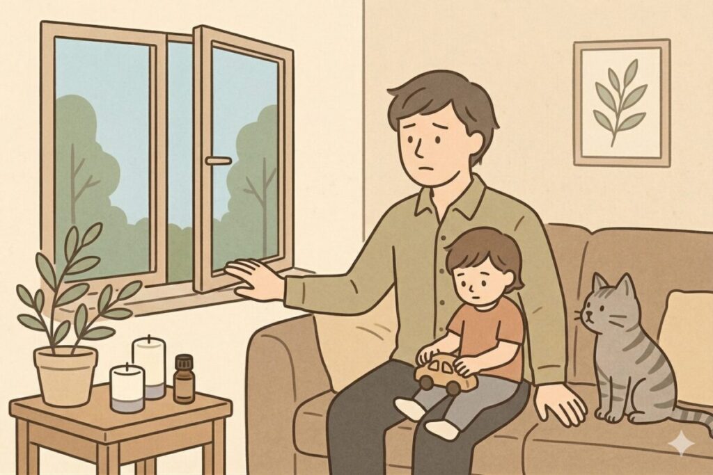 香りが合わないと感じた時の限界サインと換気。子どもや猫がいるリビングで窓を開け、アロマの香りを調整する男性のイラスト