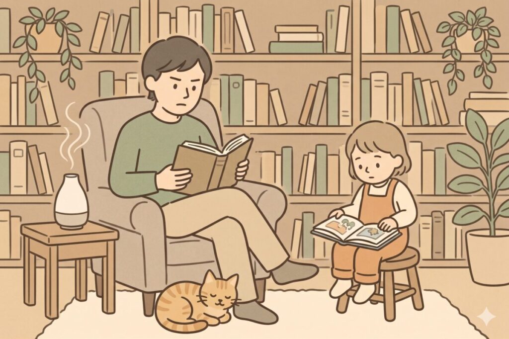 アロマディフューザーの香りが広がる部屋で、読書に集中する男性と子ども、リラックスする猫のイラスト。香りが集中力を高める理由のイメージ。