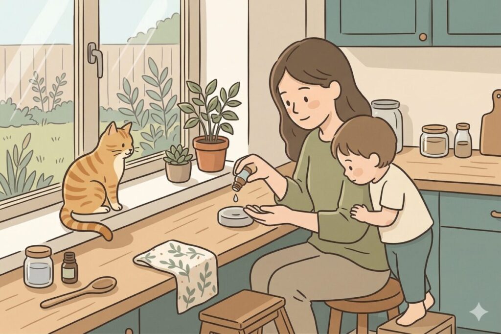 アロマストーンの最適な滴数や置き場所を調整する女性と子供、猫のイラスト