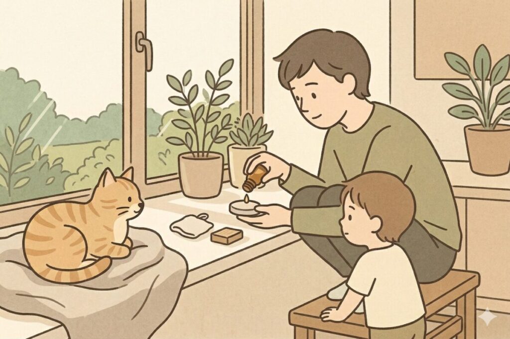 アロマストーンを使いやすくするためのポイントを実践する男性と子供、猫のイラスト