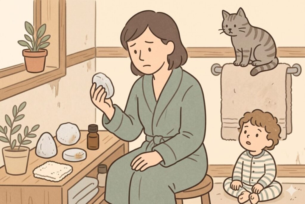 アロマストーンの寿命や替え時（いつ捨てるべきか）について悩む女性と、そばにいる子どもと猫のイラスト