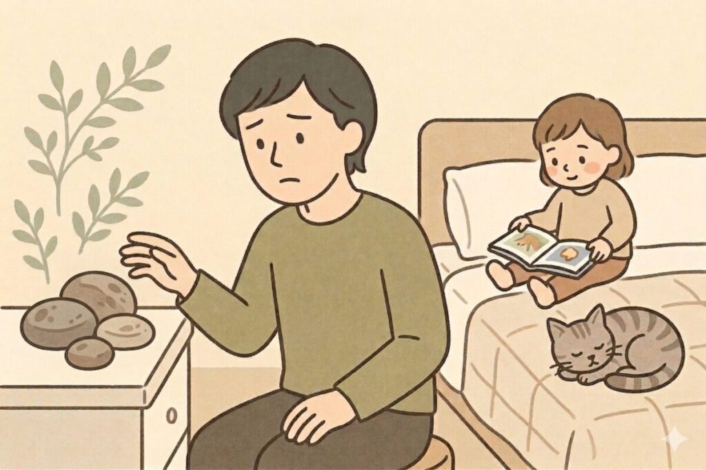 香りの変え方や汚れなどアロマストーンの扱いに悩む父親と、寝室で過ごす子供と猫のイラスト