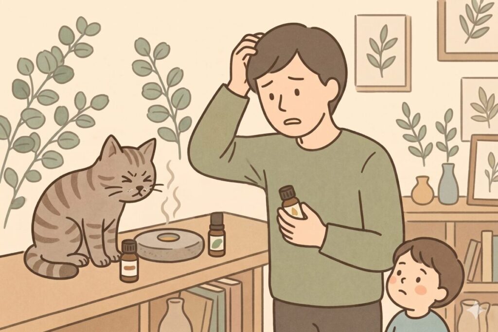 アロマストーンで香りを変える際の失敗に悩む男性と、そばで見守る猫・小さな子どものイラスト