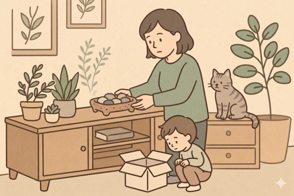 リビングの棚にアロマストーンを設置する女性と、それを見守る小さな子どもと猫のイラスト。アロマストーンの準備と置き場所を決めるシーン。