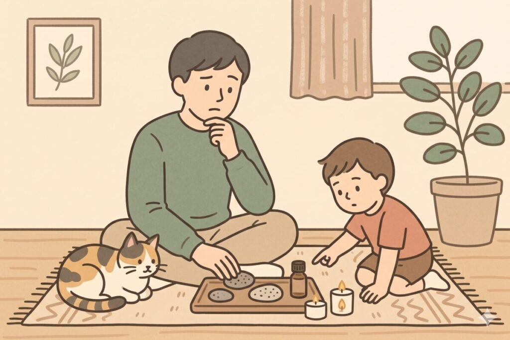 アロマオイルを垂らしたのに香りがしない原因である「タイミング」について考える男性と子ども、猫のイラスト