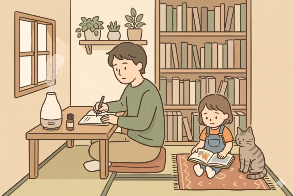 「仕事中にアロマで集中力を高める方法。書斎でアロマディフューザーを使いながら作業する男性と、そばで本を読む子どもと猫のイラスト」