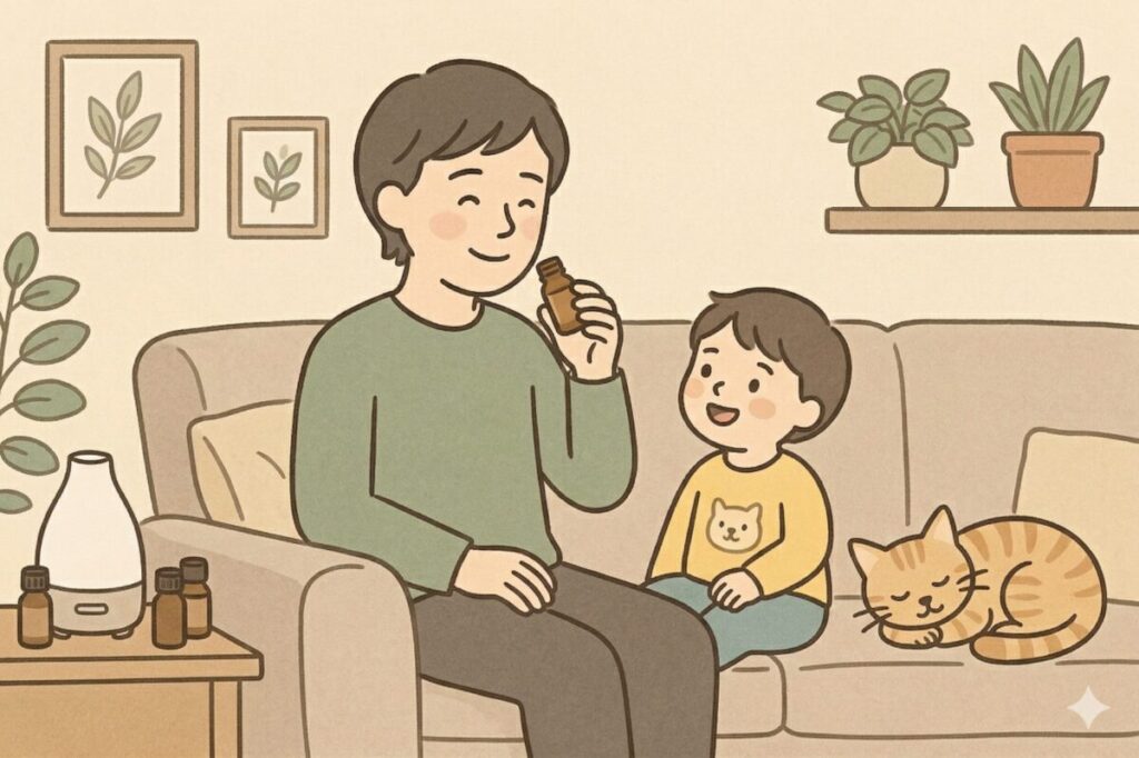 「外れを引かない」自分好みの精油を選び、自宅のソファで香りに満足してリラックスする男性と子ども、猫のイラスト。