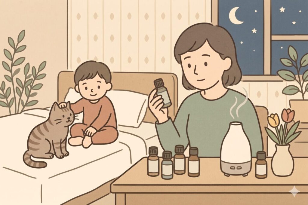 季節のアロマを選ぶポイント。夜の寝室でディフューザー用の精油の香りを選ぶ女性と、そばで猫を撫でる子どもの温かみのあるイラスト。