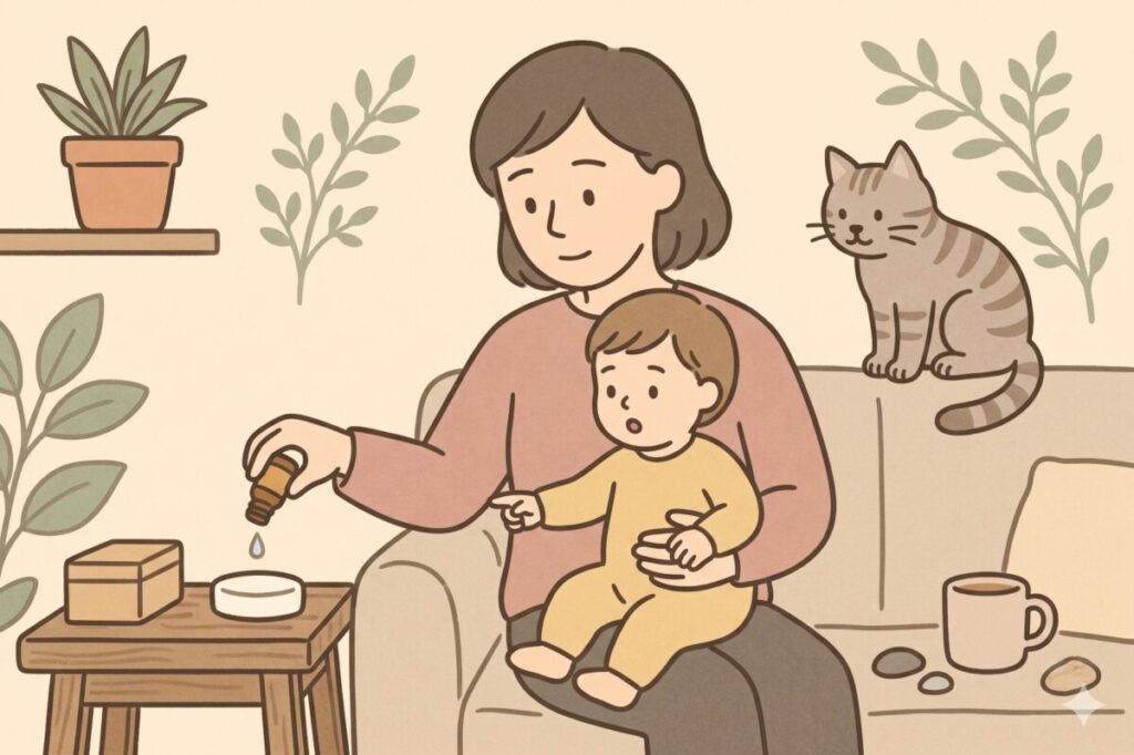 ダイソーのアロマストーンにアロマオイルを垂らして使い方を実践している女性と子ども、猫のリラックスしたイラスト