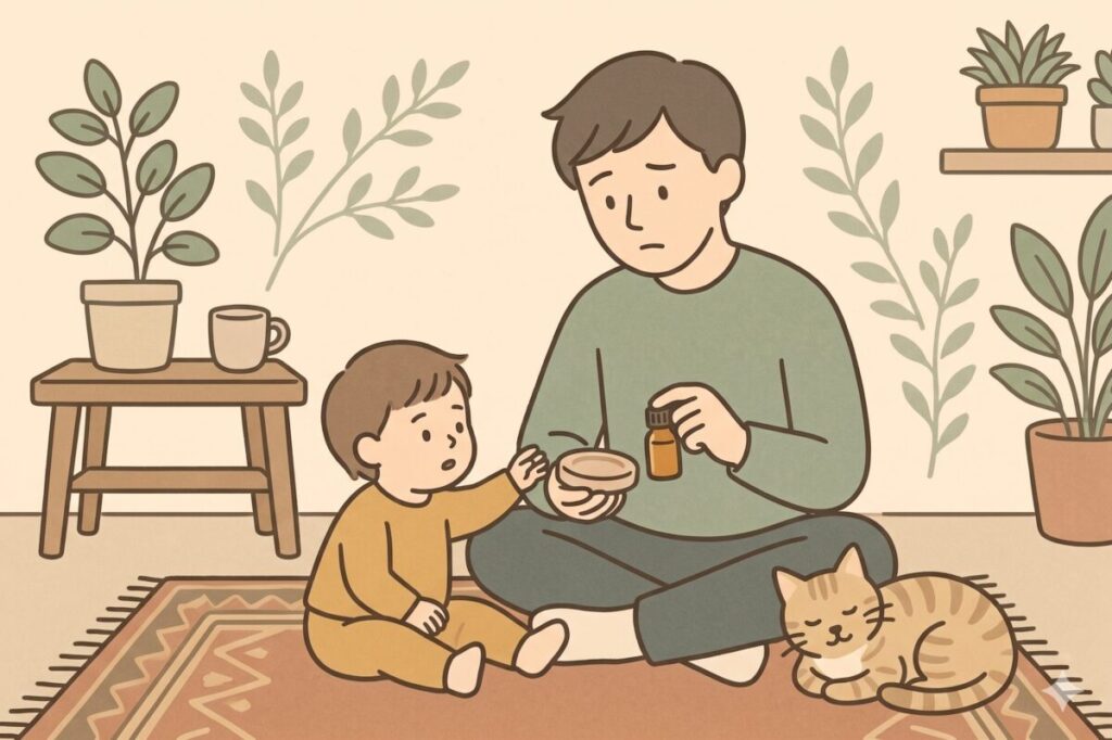 ダイソーのアロマストーンを買ったものの使い方がわからず、アロマオイルを手に持って戸惑う男性と子ども、猫のイラスト