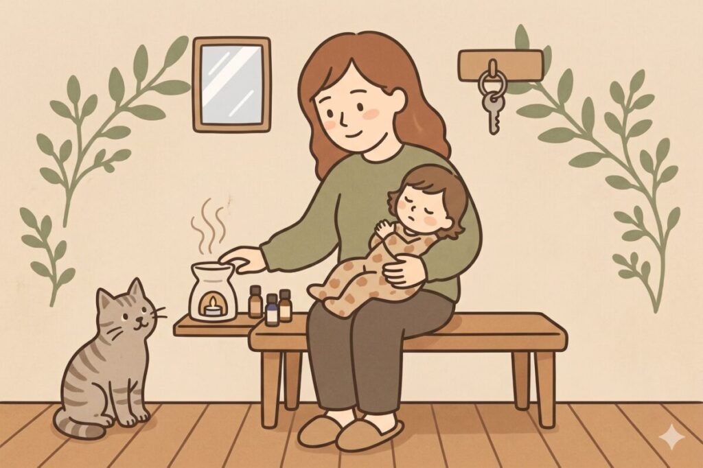 玄関で子どもを抱きながら、猫と一緒に安全なアロマの置き方を実践する女性のイラスト