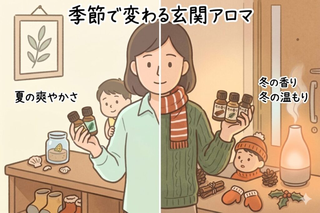 玄関アロマの夏と冬の活用法を左右で対比させたイラスト。季節に合わせた精油の選び方や、家族やペットの安全に配慮しながらシンプルに香りを調整する様子。