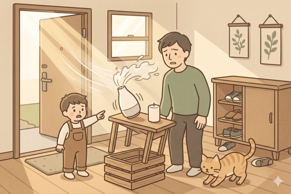 玄関でアロマディフューザーを置いてはいけない3つのNGな場所（直射日光・風の当たる場所・不安定な台）のイラスト