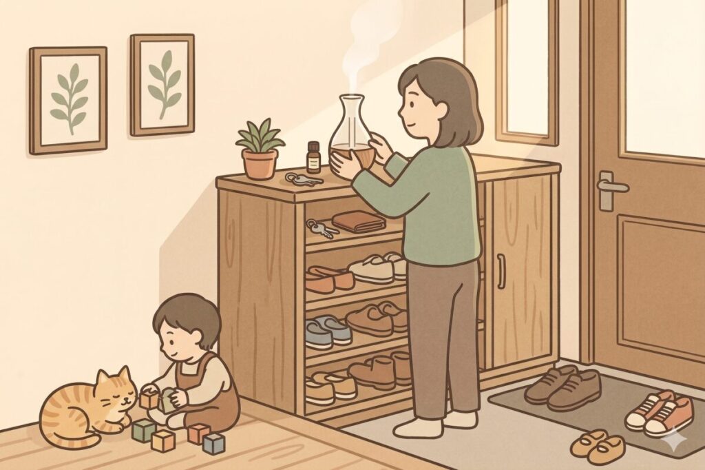 小さな子どもや猫がいる家庭での玄関アロマディフューザーの安全な置き方（靴箱の高さと奥行きを活用）のイラスト