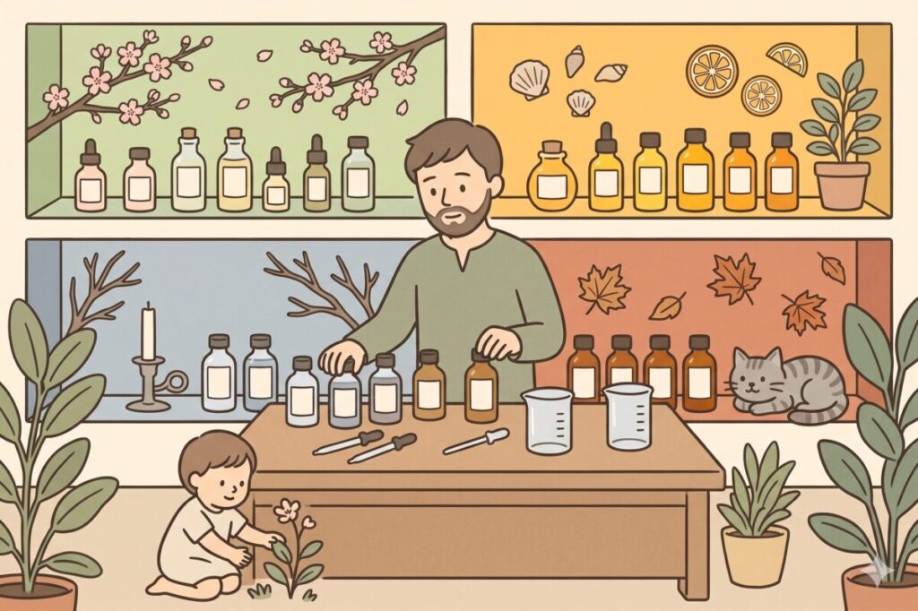 春夏秋冬の季節に合わせた精油の組み合わせを作る男性。背景には四季をイメージした棚があり、子どもと猫が一緒に過ごす素朴なイラスト。