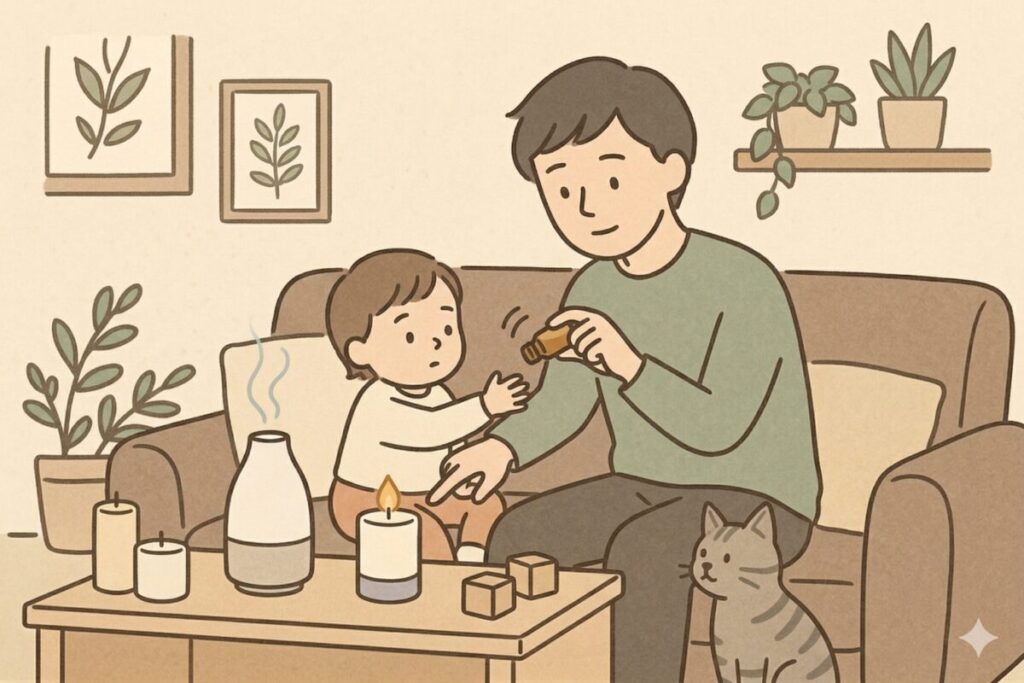 ソファで子どもとリラックスしながらアロマボトルを手にする男性と猫のイラスト。フレグランスミストを使う前に知っておきたい基本ルール(振り方・対象物からの距離・スプレーするタイミング)の解説画像。
