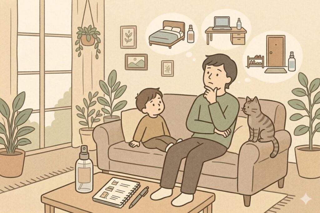 フレグランスミストの使う場所の決め方に迷っている男性と猫のイラスト