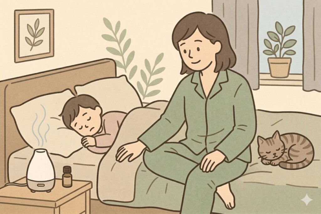 寝室で子どもを寝かしつけながらアロマディフューザーを使う女性と猫のイラスト。寝室・トイレ・玄関・ソファなど、場所別のフレグランスミストの使い方と目安プッシュ数の解説画像。