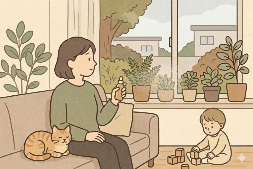 フレグランスミストを使う場所の例:リビングのソファでリラックスしながらスプレーを使う女性と、そばで遊ぶ子どもと猫のイラスト