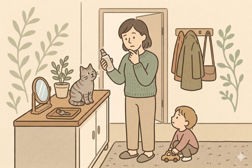 「玄関先でフレグランスミストを手に持ち、どこに使うか迷っている女性と、足元で遊ぶ子供と猫のイラスト」