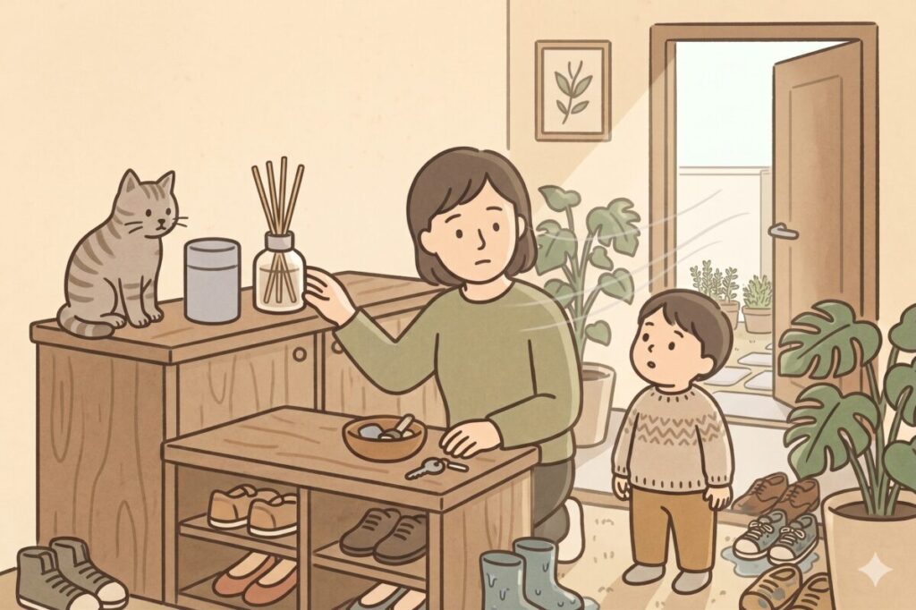 玄関のドアを開けて換気を行い、靴を並べて乾かしながら消臭を優先する女性と子どもと猫のイラスト。香りを置く前の土台作りの重要性を表現。