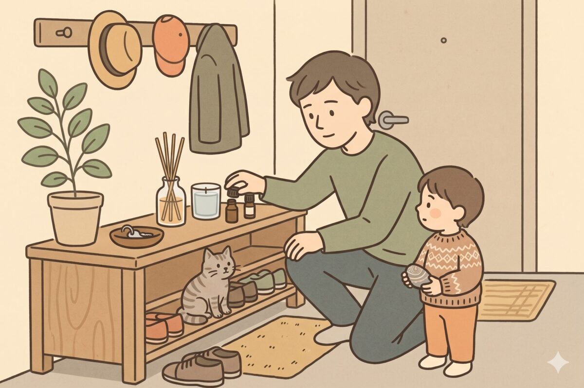 玄関の靴箱でアロマの最適な置き方を確認する男性と子どもと猫のイラスト。高さや場所、季節ごとの調整ポイントを解説するブログ用アイキャッチ画像。