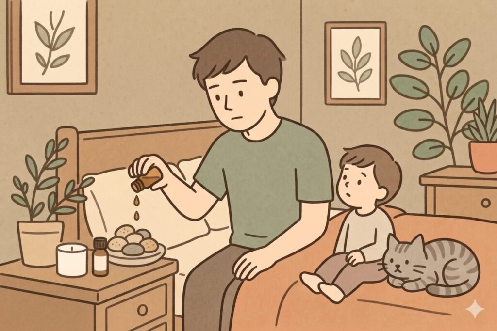 寝室のサイドテーブルにあるアロマストーンに、エッセンシャルオイルを垂らす男性のイラスト。ベッドには子どもと猫が座っており、アロマの滴数を確認しているシーン。
