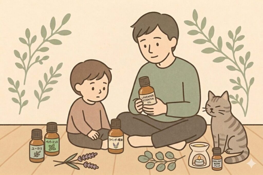 「ペット（猫）や小さな子どもと一緒に、香りの系統からアロマオイル（精油）を選ぶ男性のイラスト」