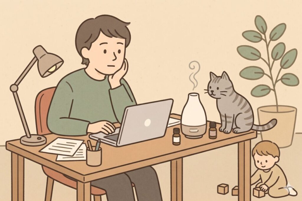 部屋の広さに合わせたアロマディフューザーの使い方。猫や子どもがいる部屋でデスクワークをする男性。